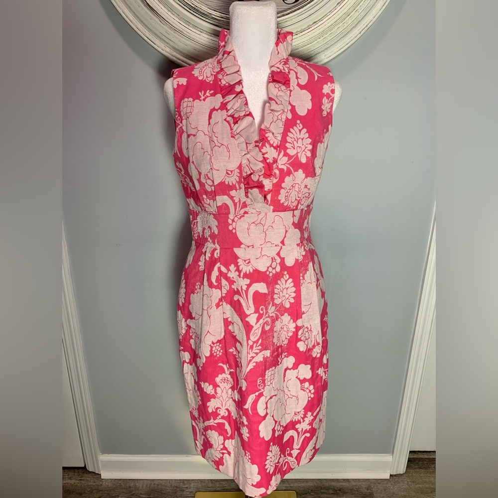 Eliza J Pink Floral Ruffle V Neck Dress Sheath Dress Sz 4 Spring Summer Occasion